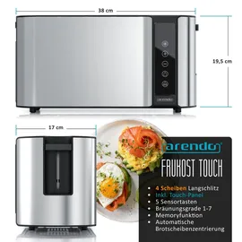 Arendo Toaster für 4 Scheiben Langschlitz 1500 W, Brötchenaufsatz, Wärmeisoliert, Display, Touch, Silber