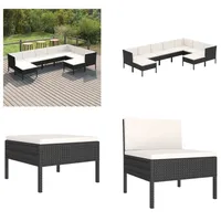 vidaXL 9 tlg. Garten Lounge Set mit Auflagen Poly Rattan Schwarz - Garten-Sofagarnitur - Garten-Sofagarnituren - Gartensofa-Set - Gartensofa-Sets - Schwarz