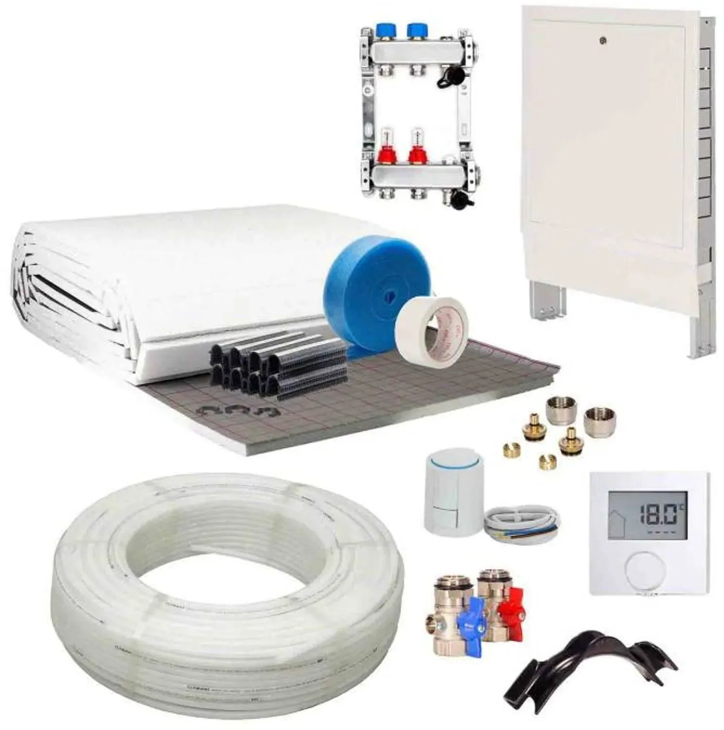 50 m2 Set Tackersystem Rollbahn 35 mm WLG 045 16x2 PE-RT Rohr Raster 15 cm 4 Heizkreise LCD Regler 230 V + Zubehör