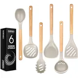 DaiRen Kitchen Großes Küchenutensilien-Set, 6-teilig, hitzebeständiges Silikon-Kochutensilien-Set, langer Holzgriff, Silikon-Spatel, Löffel-Set, BPA-frei, antihaftbeschichtet, Küchenhelfer-Set