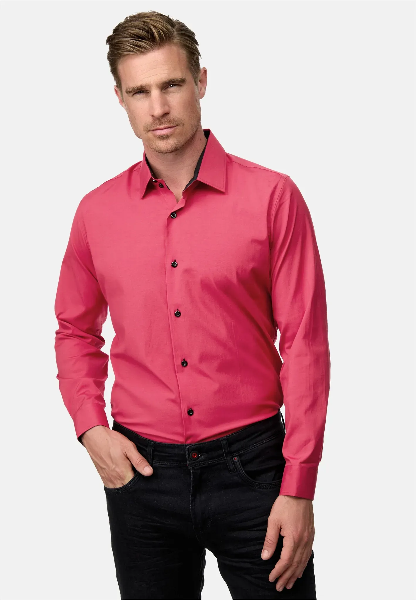 Langarmhemd RUSTY NEAL, Herren, Gr. XL, EURO-Größen, pink, 60% Baumwolle, 37% Polyester, 3% Elasthan, unifarben, Hemden, mit trendigem Farbkontrast