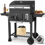 Holzkohlegrills, Grillwagen XXL, kohlegrill groß, Holzkohlegrill mit Deckel, Rädern und Thermometer, Edelstahl-Griff, Smoker Grill, Holzkohlegrill mit ablage, Grill für Camping und Garten, Schwarz