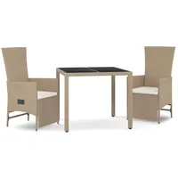 vidaXL 3-tlg. Garten-Essgruppe mit Kissen Beige Poly Rattan