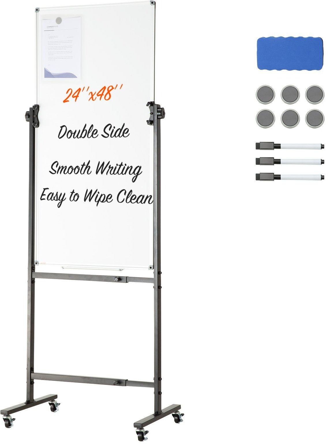 VEVOR Rollendes Magnetisches Whiteboard 611 x 1220 mm, Höhenverstellbares Tragbares Whiteboard mit Ständer, Doppelseitiges Whiteboard mit Rädern, Mobiles Whiteboard für Büro, Klassenzimmer und Zuhause