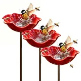 Handgefertigter Blumen-Gartenstecker Aus Metall, Doppelfunktions-Metallblumen-Vogeltränke Und Bestäuber-Wasserstation, Rote Vogelbadschale for Hof, Rasen, Terrasse, Landschaftsdekoration(Red,3pcs)