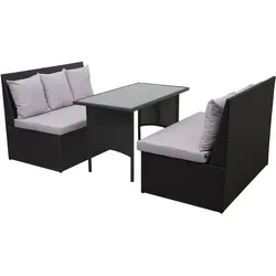Mendler Poly-Rattan Garnitur HWC-G16, Garten-/Lounge-Set Sitzgruppe, Gastronomie 2x2er Sofa Tisch ~ schwarz, Kissen hellgrau