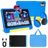 Happybe 7 Zoll 64GB HD-Display mit Schreibtafel, Kopfhörer & Tasche Kinder Tablet (7", 64 GB, Android, Android 13, Vorinstallierte Kindersoftware, Lernen durch Spielen) blau
