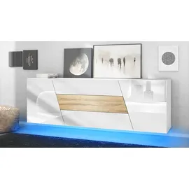 Vladon Sideboard 178 x 57,5 x 38,5 cm Weiß matt/Weiß Hochglanz/Eiche Natur