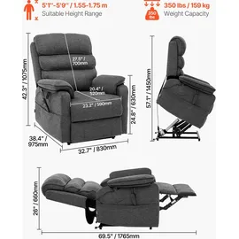 Vevor elektrischer Massagesessel Relaxsessel Liftsessel mit Wärme und Massage für Senioren, Liegesessel mit 2 Motoren & 2 Anti-Fall-Seilen, stufenlose Positionseinstellung (mittelgroß, dunkelgrau)