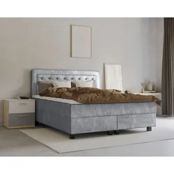 Boxspringbett LEONIQUE "Jeanne", grau (hellgrau), B:141cm L:208cm, 100% Polyester, Komplettbetten, Boxspringbett, inkl. Topper mit Taschen-Federkernmatratze