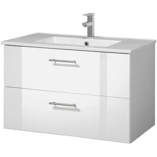 WELLTIME Waschtisch WELLTIME "Trento Badezimmerschrank mit Becken Bestseller", weiß, weiß hochglanz, weiß, B:80cm H:51,5cm T:47,5cm, Waschtische, Badmöbel in Breite 80 cm , Waschplatz mit 2 Schubladen, Badschrank