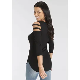 MELROSE 3/4-Arm-Shirt MELROSE, Damen, Gr. 36, schwarz, Jersey, Obermaterial: 95% Viskose, 5% Elasthan, unifarben, figurbetont lang, tiefer V-Ausschnitt, mit Cut Outs, Shirts 3/4-Arm-Shirt, 3/4-Ärmel, figurbetonte Passform, mit modischen Cut-Outs