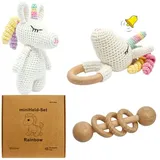 miniheld Handgestrickter Einhorn Rainbow Set Babyrassel Holz Baumwolle 16 cm