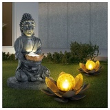 ETC Shop 3er Set LED Solar Steh Leuchten Feng Shui Buddha Garten Deko Lampen Lotosblumen Crackle Glas