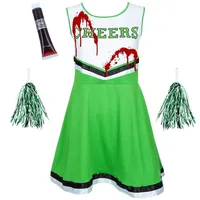REDSTAR Cheerleader Kostüm Damen mit Pompons & Kunstblut – Gruseliger High School Zombie – Halloween Party oder Karneval