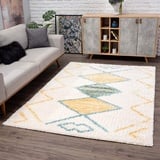 Carpet City Teppich Shaggy Hochflor - Ethno-Stil 80x150 cm Creme Gelb Grün - Moderne Wohnzimmer-Teppiche