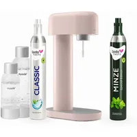 Sparpaket: Mysoda Ruby - Wassersprudler aus Aluminium mit 1L und 0,5L BPA-freier Plastikflasche, CO2-Zylinder Classic + CO2-Zylinder Minze (Rosa)