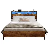 MSMASK Bett Bett mit LED Beleuchtung, Metallbett mit Steckdose, Braun, mit USB-Ladefunktion braun 140 cm x 190 cm x 100 cm