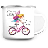 Wandtattoo Loft Kindertasse mit Namen, Motiv Schulkind Blonde Haare auf Fahrrad, Emaille Tasse Kinder mit Namen, Kindertasse personalisiert, Trinkbecher Kinder, Tasse mit Namen, Camping Tasse Kinder