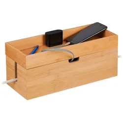 Relaxdays Kabelbox für 2 Steckdosenleisten, Bambus, Kabelkiste mit Ablage, HBT: 14 x 34 x 14 cm, Kabel verstecken, natur