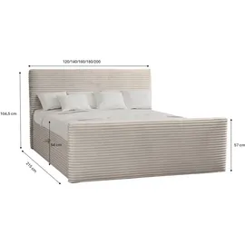 kaiser möbel Boxspringbett mit bettkasten und topper 180x200 TRENTO stoff Plüsch Cord Ecru H3-Bonell - Creme