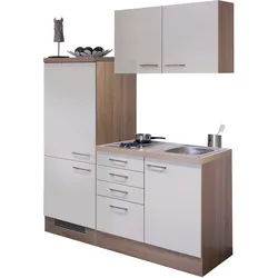 Pantryküche FLEX-WELL "Nepal", beige (küche: kaschmir glanz, sonoma eiche, front: kaschmir glanz, korpus: sonoma eiche, arbeitsplatte: sonoma eiche), B:160cm H:200cm T:60cm, Komplettküchen-Sets, Küchenzeile, Gesamtbreite 160 cm, mit Einbau-Kühlschrank, Kochfeld und Spüle etc.
