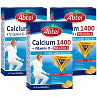 Abtei Calcium 1400 + D + K - hochdosiert - Mit Vitamin D und Vitamin K - Zum Erhalt gesunder Knochen und Muskelfuktion - Orangengeschmack, 30 Kautabletten (Packung mit 3)