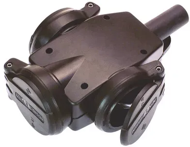 3-fach-VollgummiVerteiler-Steckdose, schwarz, IP44 m. Öse z.Aufhängen, max. 2,5mm2, 230V/16A