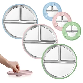 Onader Baby Teller mit Saugnapf Set, 3-tlg Edelstahl Kinderteller für Kleinkinder, Geteilter Teller Babyteller mit Rutschfest Silikonhülle für Baby-Led Weaning, Spülmaschinenfest (Blau/Rosa/Grün)