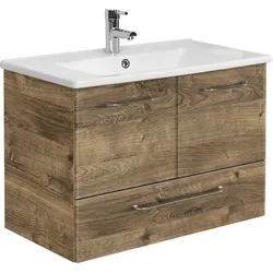 Waschtisch SAPHIR "Quickset Keramikwaschtisch mit Unterschrank, 75 cm breit, Waschplatz", braun (eiche ribbeck, eiche ribbeck, eiche ribbeck), B:75cm T:45cm, Keramik, Spanplatte, Waschtische, Griffe in Chrom Glanz, inkl. Türdämpfer, 2 Türen, 1 Schublade