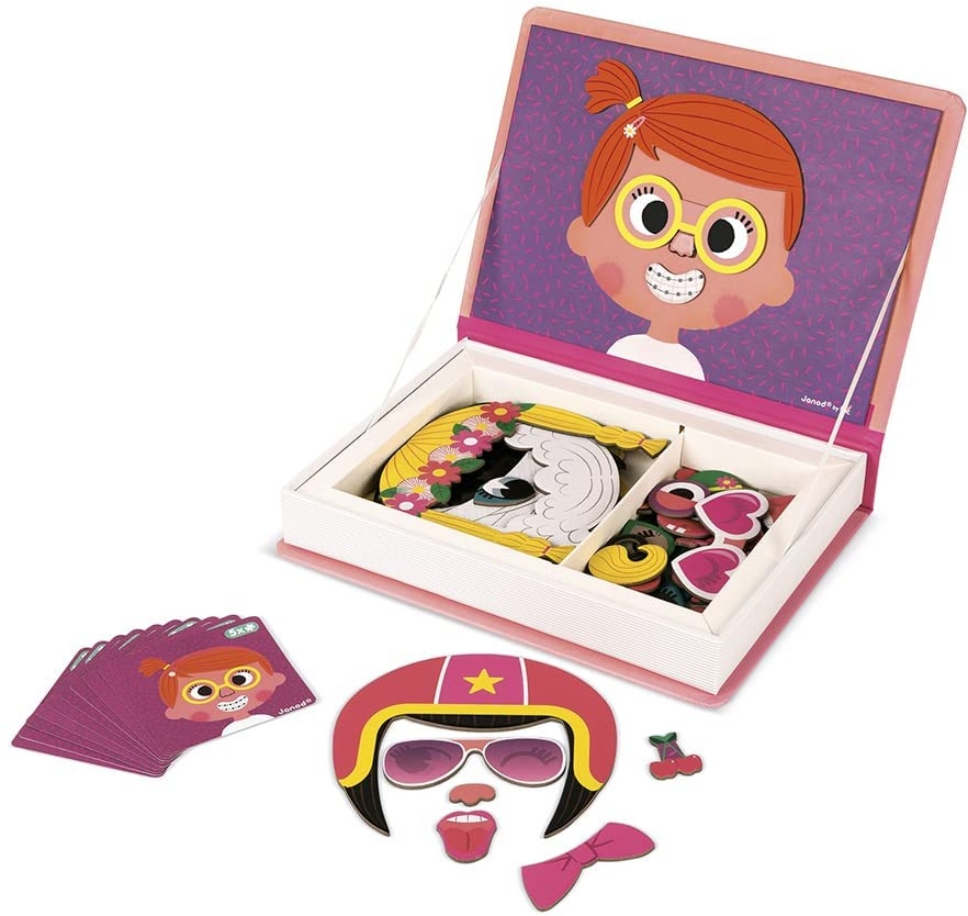 Janod - Girl's Crazy Faces Magneti'Book - Magnetic Educational Game 55 Pieces - For children from the Age of 3, J02717, Klein
