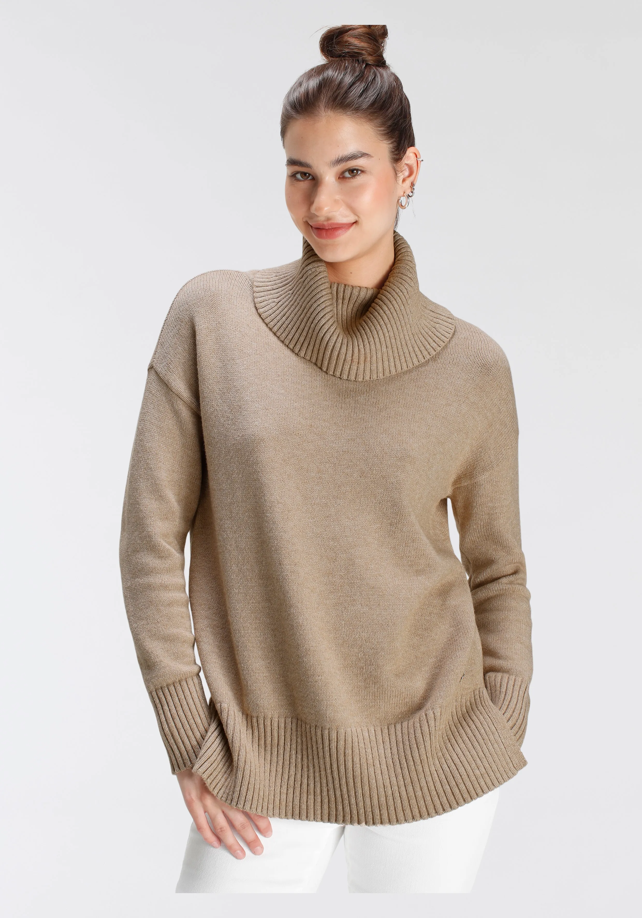 Rollkragenpullover TAMARIS, Damen, Gr. 36/38, beige (sand melange), Strick, Obermaterial: 50% Viskose, 26% Polyamid, 24% Polyester, meliert, casual, lässig geschnitten hüftbedeckend, Langarm Strickbündchen, Pullover, mit Rippdetails, Topseller