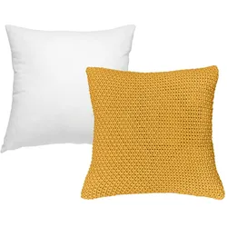 wometo Kissenbezug Strick 45x45 gelb senfgelb mit Federkissen Füllung - Reißverschluss OEKO-TEX Dekokissen Sofakissen weiche Kissenhülle mit Strickmuster