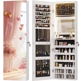 Vlsrka LED Schmuckschrank Hängend, Türspiegel/Wandspiegel mit schmuckschrank, Schmuckschränke mit Spiegel Abschließbarer, Schmuckschränke mit 3 Farben Licht, Spiegelschrank mit Beleuchtung, Weiß