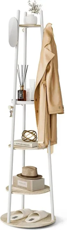 KAPANOU Drehbarer Stand-Kleiderständer mit Coat Tree, 6 Haken und 5 Ablagen für Eingangsbereich und Schlafzimmer (weiß), Neu-Jahr-Verkauf, Top-Geschenkideen