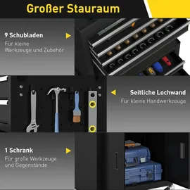 Homcom 3-in-1 Werkzeugkiste, rollender Werkzeugschrank mit 9 Schubladen - Schwarz