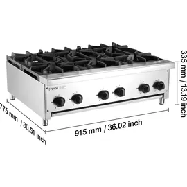 Vevor Kommerzieller Gasherd Gaskochherd mit 6 Gaskochfelder, Propan / Erdgas-Kochherd Edelstahl-Gaskochplatte, kommerzielles Kochgerät 915 x 775 x 335 mm für Restaurants Hotel Café 42 kW