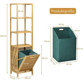 Costway Badezimmer Hochschrank mit Wäschekorb, Badezimmerschrank aus Bambus mit Regalen, Wäscheschrank Badschrank Badregal ideal für Bad Schlafz...