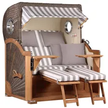 Mr. Deko MR. DEKO® Strandkorb Baltikum 2,5-Sitzer Teak | PE Geflecht Grey | Volllieger Strandkörbe aus Teakholz mit 2 Bullaugen & Fußablagen | Polster mit 4 Kissen | Strandstuhl (Dessin 513)