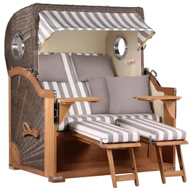 Mr. Deko MR. DEKO® Strandkorb Baltikum 2,5-Sitzer Teak | PE Geflecht Grey | Volllieger Strandkörbe aus Teakholz mit 2 Bullaugen & Fußablagen | Polster mit 4 Kissen | Strandstuhl (Dessin 513)