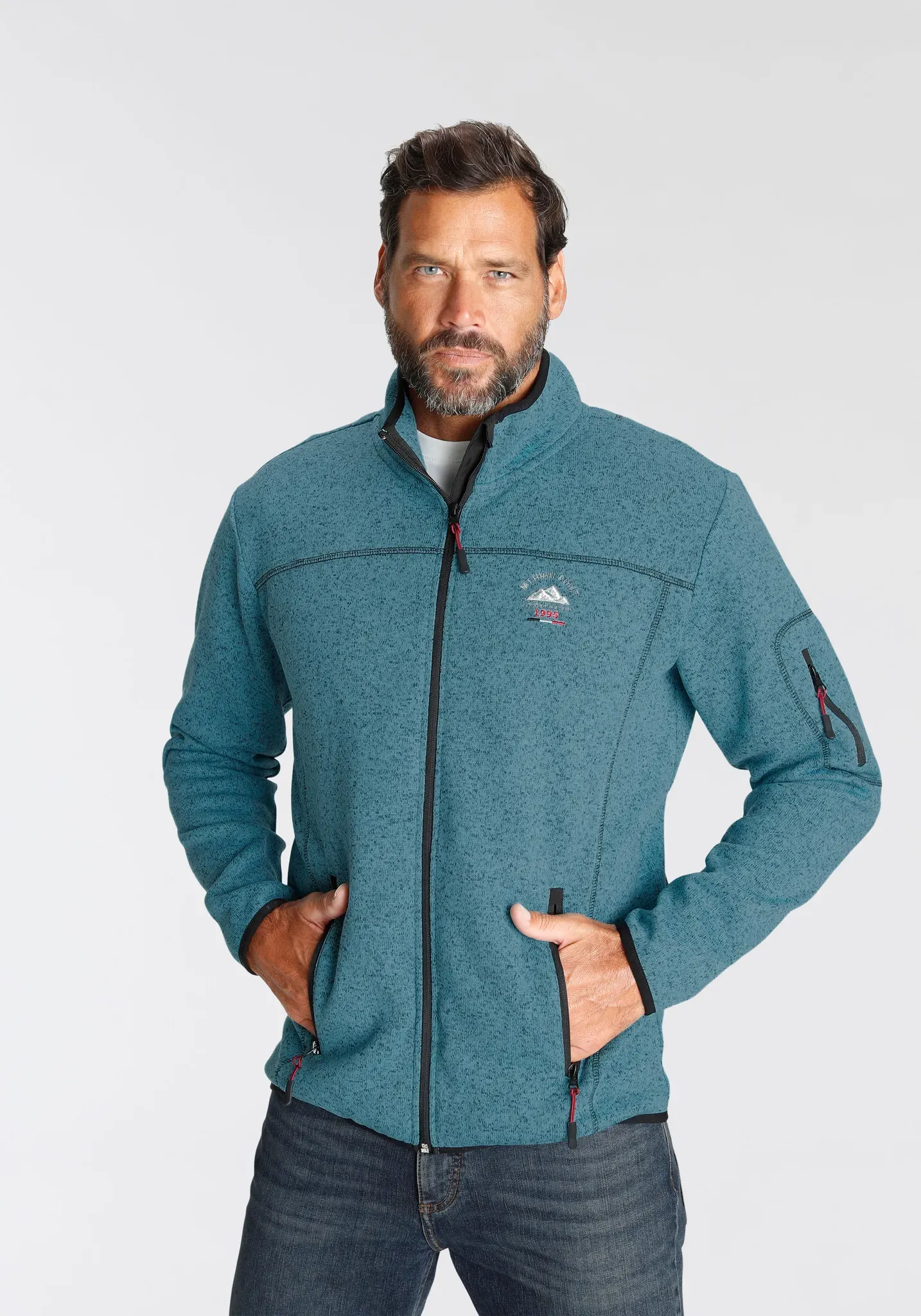 Strickfleecejacke MAN'S WORLD, Herren, Gr. XXL (60/62), blau (türkis melange), Obermaterial: 100% Polyester, normal, Jacken, für die Übergangszeit, mit Reißverschlusstaschen, mit Stehkragen