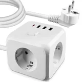 SPORWAY 3-Fach Steckdosenleiste mit Schalter, Steckdosenwürfel Steckdose Erweiterungen 3 Steckdose mit 3 USB & 1 USB-C Ports, 3-Fach Steckerleiste Steckdosenadapter für Büro, Hause - 1,5m Kabel