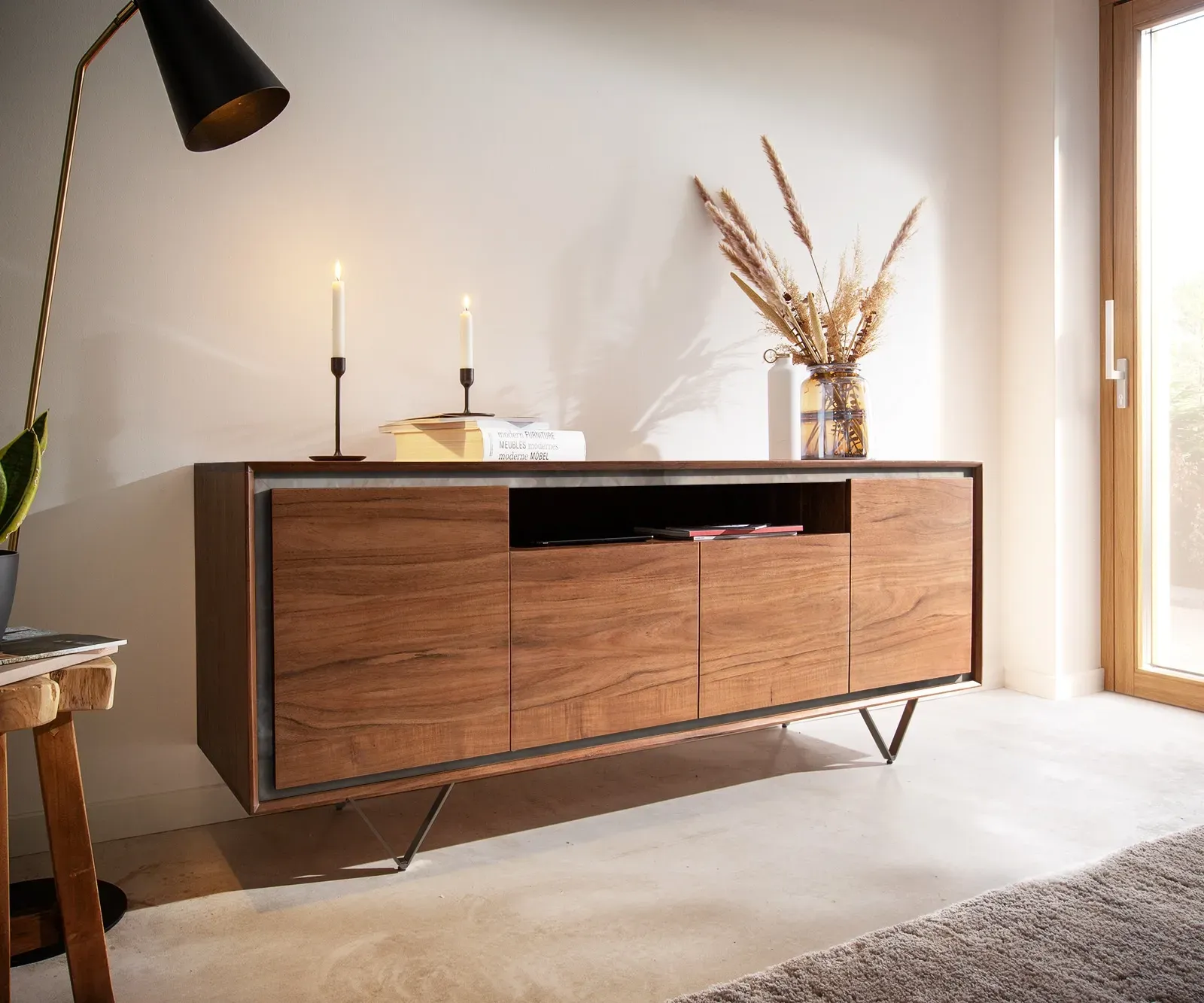 DELIFE Buffet Stonegrace 175 cm acacia marron placage de pierre 4 portes 1 compartiment pied en V noir, Buffets