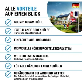 monzana Fahnenmast Aluminium Teleskop 630cm Bodenhülse 60cm inkl. Flagge Flaggenmast Mast Flagge Alu, Farbe:Deutschland