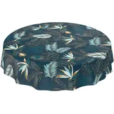 ANRO Wachstuchtischdecke abwaschbar Garten Tischdecke Wachstuch Rund Oval Eckig Indoor Outdoor Blätter Gold Blau Rund 140cm