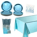 Party-Geschirr-Set mit dunkelblauen Goldpunkten – Teller, Tassen, Servietten, Banner, Tischdecke, Strohhalme – für Hochzeit, Geburtstag, Jubiläum, Babyparty, für 25 Gäste (A) (Blau)