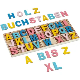 Relaxdays Holzbuchstaben Set, 208-tlg, Großbuchstaben A-Z, Deko-Buchstaben zum Basteln & Bemalen, mit Box, bunt