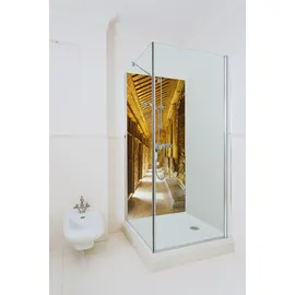 Wallario selbstklebende Duschrückwand x 200 cm mit Motiv Buddhistischer Tempel aus Holz - Mandaley - Wandverkleidung mit Hochglanzlaminat in Gl...