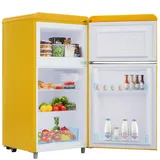 OKWISH Retro Kühlschrank Gelb 72L Gesamtvolumen 21L Gefrierfach 51L Kühlfach 39dB Doppeltür 46x45x91 cm 120 kWh/Jahr