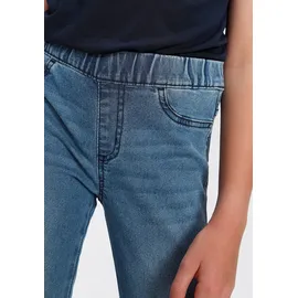 Kidsworld Jeansjeggings "Stetch-Jeans mit schmalem Bein", Mädchen, Gr. 110, N-Gr, blau (blau denim), Denim/Jeans, Obermaterial: 74% Baumwolle, 24% Polyester, 2% Elasthan, eng lang, Jeans, schmale Beinform, mit Gummizug, lang, mit aufgesetzten Taschen